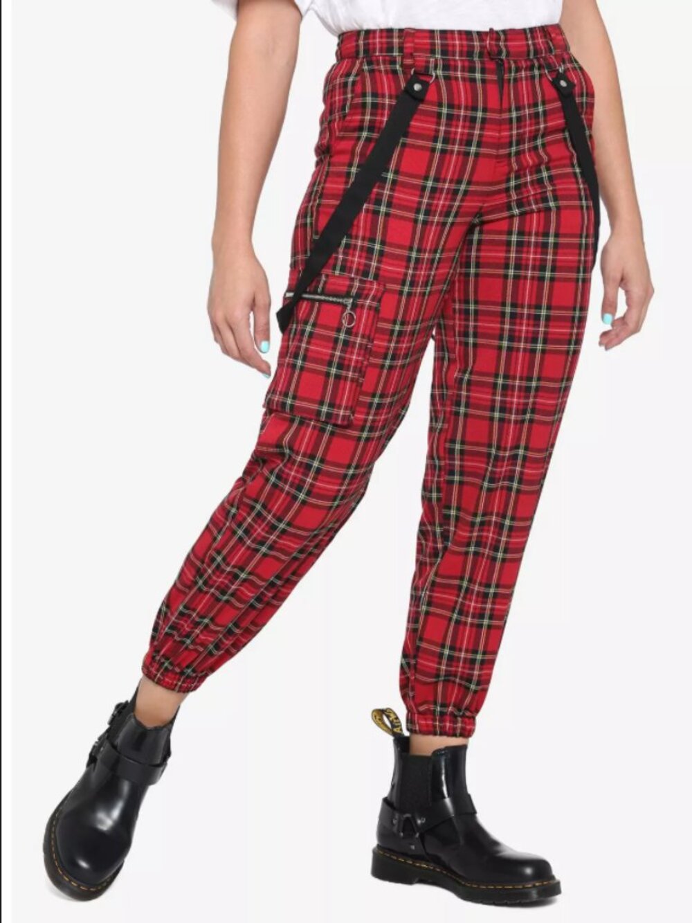 Hot Topic Red Plaid Suspenders Punk Women's Cargo Joggers (7)